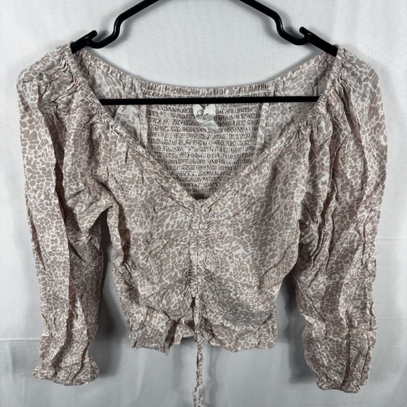 Japna Tops - Japna Pink Leopard Print Ruched V-Neck Long Sleeve Smocked Crop Top